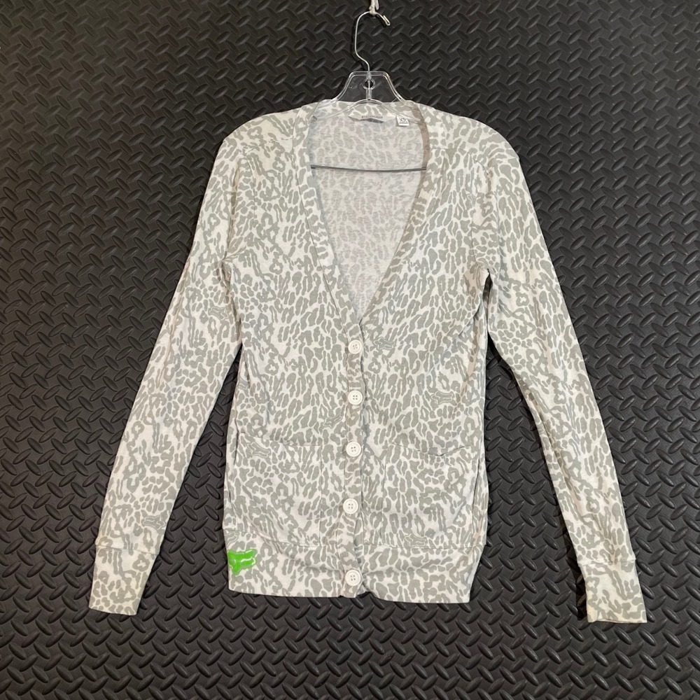 FOX Gray Leopard Print Cardigan Button Down Sweater Women's‎ Size XS